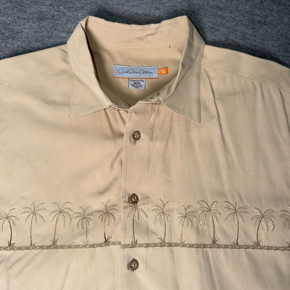 Quiksilver Silver Edition Hawaiian Shirt Large Beige Palm Tree Short Sleeve Mens